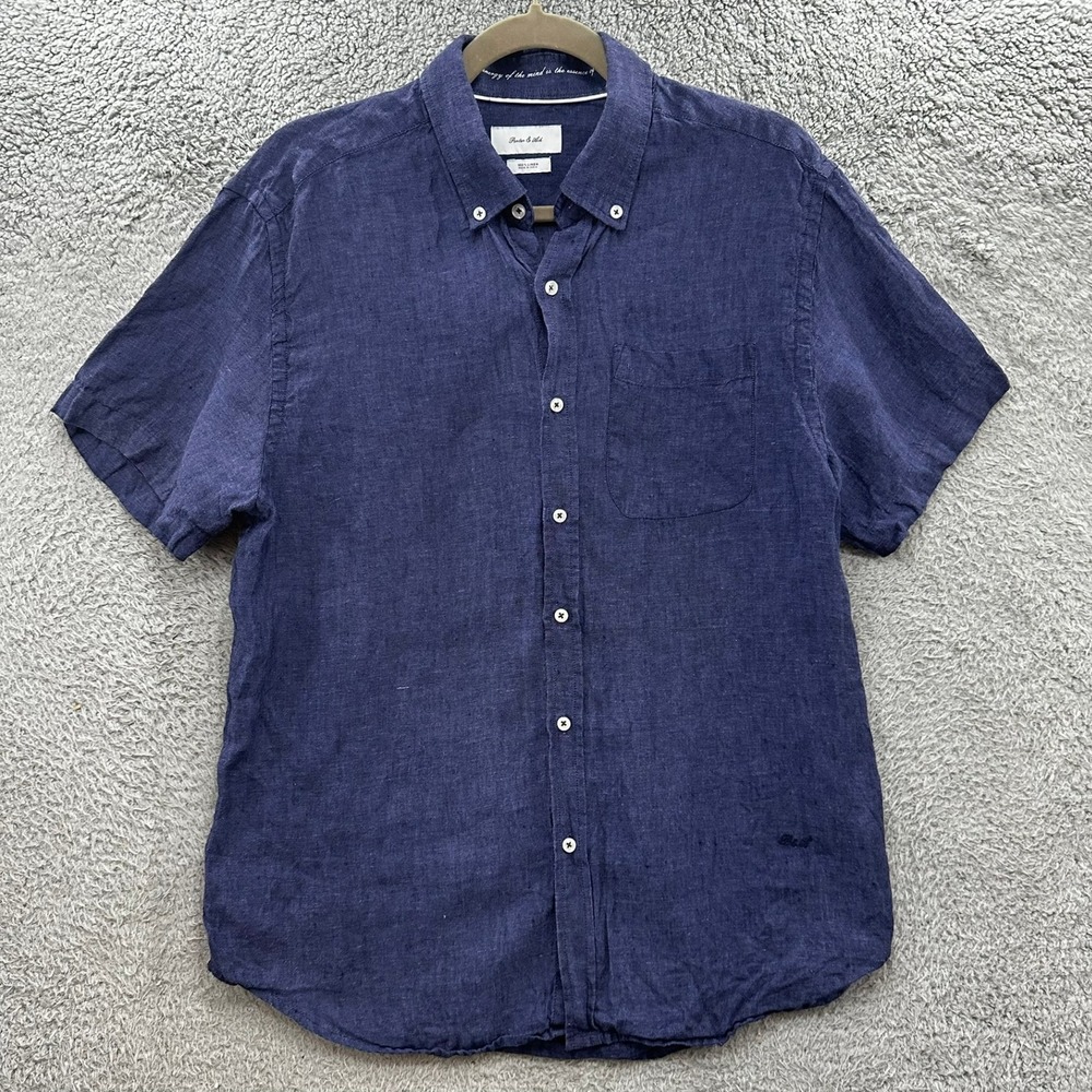 Porter & Ash Mens Large Blue 100% Linen Short Sleeve Button Down Shirt Pockets